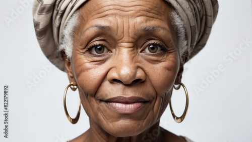 headshot of elderly african beautiful woman model on plain white background studio from Generative AI