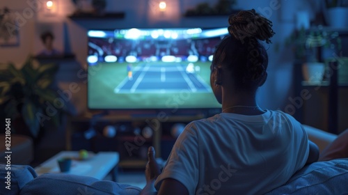 Tennis fans sit at home watching TV, cheering when their favorite sports team scores. Professional players during World Cup. Over the shoulder shot.