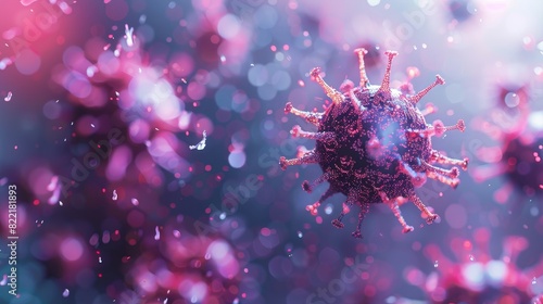 Floating influenza virus cells seen in microscopic view in Corona virus 2019-ncov flu outbreak, 3D banner illustration.
