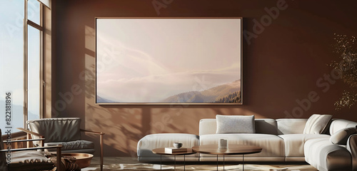 Spacious modern gallery with a single large landscape frame against a warm mocha brown backdrop.