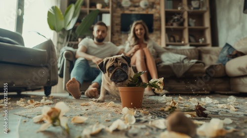 Funny Moment: Pug Dog Runs Away After Ruining Potted Flower. Couple looks on in disbelief and frustration after overturning potted flower. Cute Silly Puppy runs away from mess.