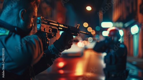 A police officer fires his weapon at a non-violent citizen. Camera focus is on the suspect raising his hands in compliance. Situation escalates after police brutality.