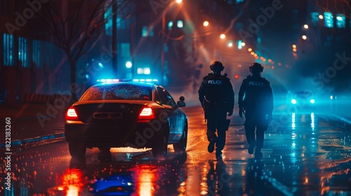Thrilling cinematic scene with two police officers chasing a suspect. Cops get out of a moving car after chasing a criminal through the dark streets of the urban environment. Heroic officers arrest a