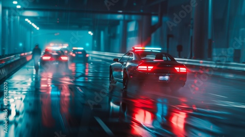 Pedestrians being chased by traffic patrol cars through an industrial area. Driven police squad cars chasing a suspect, sirens, high speed. Police officers on an emergency response call.