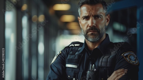 Police Officer with Crossed Arms Looking at Camera. Cop maintains public order and safety, enforces the law, prevents and investigates crime. Cinematic portrait.