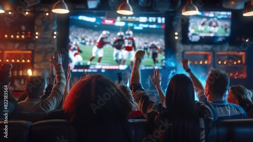 The crowd goes ecstatic when their team scores a goal and wins the championship. American football fans cheer and support their team on TV.