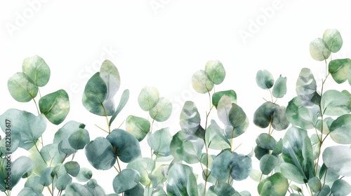 Green watercolor floral banner with silver dollar eucalyptus leaves and branches isolated on white.