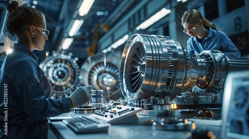 Using computers and measuring tools, scientists, engineers and machinery operators collaborate on the development of a new type of electric turbine engine in a scientific technology lab