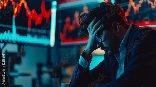 Trader unable to anticipate sudden market collapse, saddened by negative ticker information, red graphs, and real-time information.