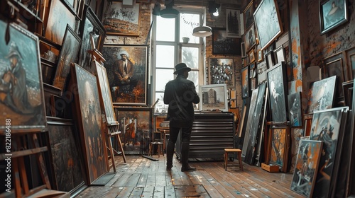 Fine Art Painter Retouching his Creations Before an Exhibition in His Creative Workshop: Historical Figure and Artist Preparing for an Exhibition with New Paintings