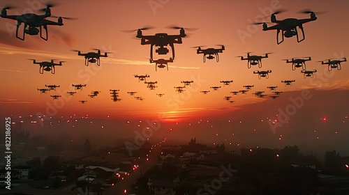 a drone swarm, including a small UAV, as they gather intelligence in flight.