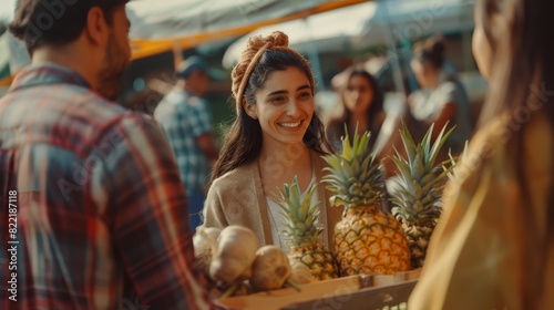 Multi-ethnic Farmers Couple at City Square Market. Successful Adults Managing Small Business Farm Stall. Hispanic Female Customer Purchasing Two Garlic Heads and a Pineapple.