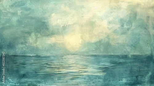 Calm seascape painting in a watercolor style soft blues and greens creating a serene atmosphere