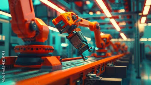 The 3D rendering shows a robot arm conveyor line which manufactures industrial electronic devices. A high-tech assembly line using advanced automation and artificial intelligence for the information