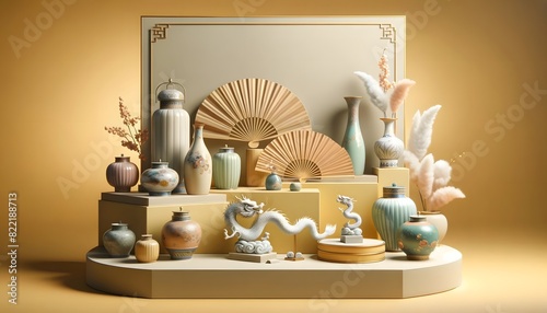 Elegant Chinese artifacts on a yellow platform, featuring vases, fans, and a white dragon sculpture, with a minimalist background.