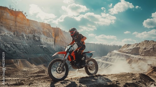 The off-road deserted quarry is a perfect setting for this Motocross FMX motorcycle ride.
