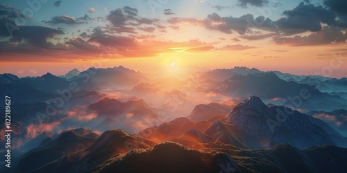 beautiful sunrise over the mountains, a breathtaking panorama of majestic peaks against a backdrop of golden sunlight.