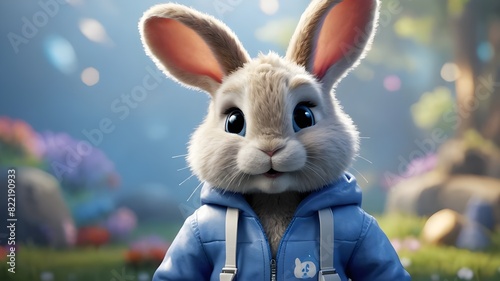 Create a 3D character model of Buddy, an adult baby rabbit with blue eyes, confidence, and a cartoon face. Buddy wears a blue moletom, jeans, white shoes, and a blue ribbon. His entire body is depicte