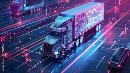 An autonomous vehicle follows the specified route on a map. Automated interurban transport. Intelligent electric automatic lorries carrying cargo.