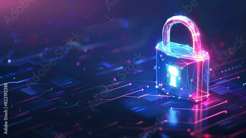 a glow polygon padlock on a technology background with copy space, cyber security concept