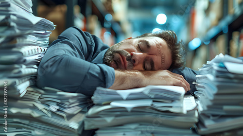 Exhausted HR Manager Asleep on Paperwork Signifying Administrative Demands and Long Hours in Human Resources Photo Realistic Office Concept