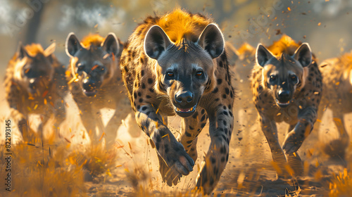 Photo realistic depiction of hyenas hunting in a pack, showcasing teamwork and strategic nature in the wild