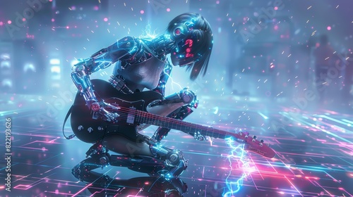 Rock musician robotics performing rock music kneeling on stage, knocking out sparks with the electric guitar. Cyborg rocker. Beautiful robot girl with AI performs rock music.