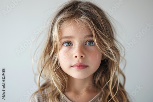 innocence portrait, a young girl, untouched by editing, conveys the pure essence of childhood against a simple white backdrop in her portrait