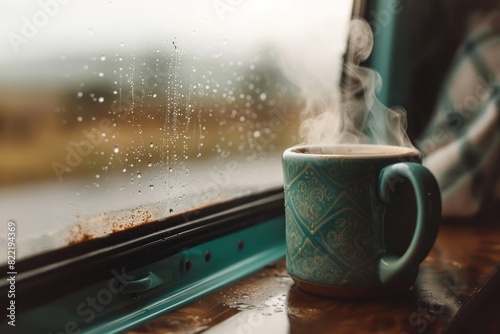 A steaming cup of coffee on a rainy day, sitting on the windowsill of a van. The window is dotted with raindrops, and the cozy ambiance of van life is captured perfectly