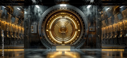 The golden door of the bank vault is open.