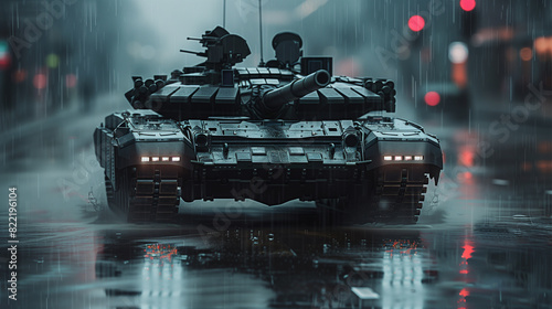A black tank with red lights on it is driving through a city street. The tank is surrounded by a blurry background of buildings and streetlights. Scene is intense and dramatic