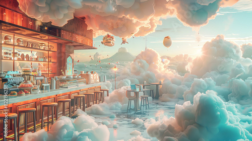 Concept art for a coffee shop with an atmosphere like being on a cloud. There are drinks and bakery items floating around.