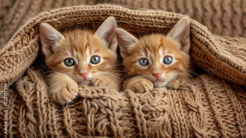 Two cute kittens with cute faces, sweet eyes and soft fur snuggled up in one blanket, snuggling up to each other and looking at the camera.