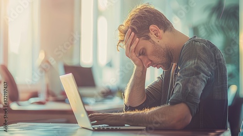 Stressed man holding his head while working on a laptop, warm light filtering through.