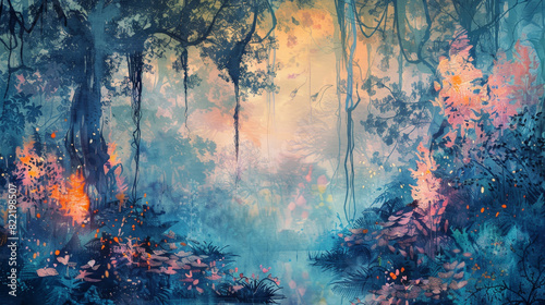 Digital illustration of a lush, mystical forest with vibrant plants and trees in soft morning light.