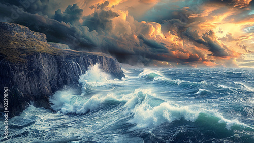 a dramatic seascape with crashing waves against rugged cliffs under a stormy sky