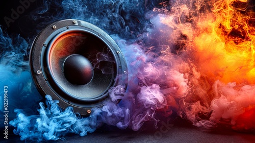 Dynamic sound wave concept with colorful smoke and speaker. Vibrant energy, music frequency, and acoustic power in full display.
