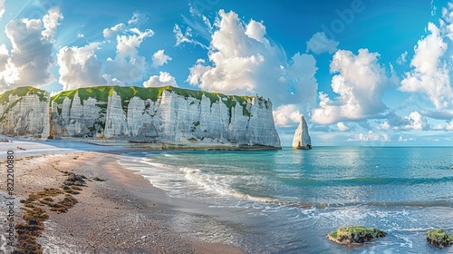 Panoramic view of the beach of Etretat in Normandy, a popular french seaside town known for its chalk cliffs