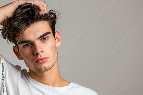 Young man in white shirt on a white background