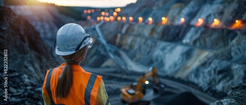 Female mining engineer wearing hard hat and safety vest inspecting an open pit mine