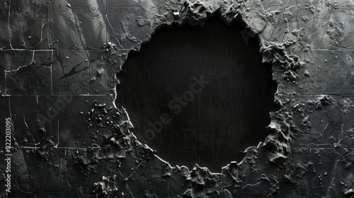 A close-up view of a black, textured surface with a destructive circular hole possibly showing layers beneath