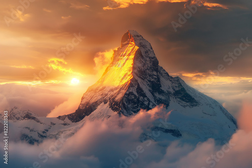 At sunrise, the sun shines on the majestic snowy mountains surrounded by clouds and mists