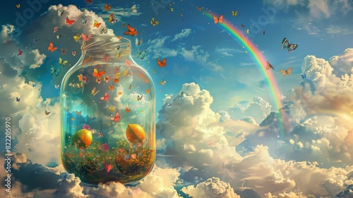 Orange in a jar with butterflies and rainbow for spring or summer design
