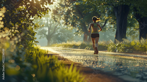 Healthy Lifestyle Concept: Woman Jogging in the Park, Emphasizing Physical Fitness and Enjoyment in Photo Realistic Image of Running Activity