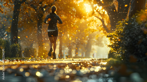 Empowering Photo Realistic Image of a Woman Running in the Park, Emphasizing Physical Fitness and Joy in This Healthy Hobby Ideal for Stock Concept