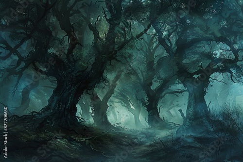 A dark forest with trees and a path. Scene is eerie and mysterious. The trees are tall and twisted, and the path is narrow and winding. The darkness of the forest creates a sense of foreboding