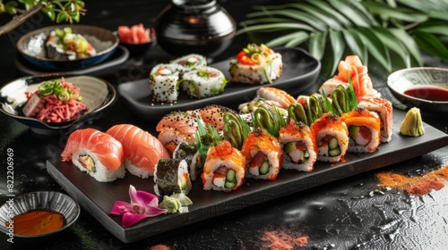 Sushi Set nigiri and sushi rolls on black stone slate on black background