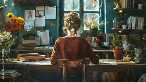 Photo realistic concept of a woman scrapbooking at a desk, showcasing creativity and personal touch in this cherished hobby