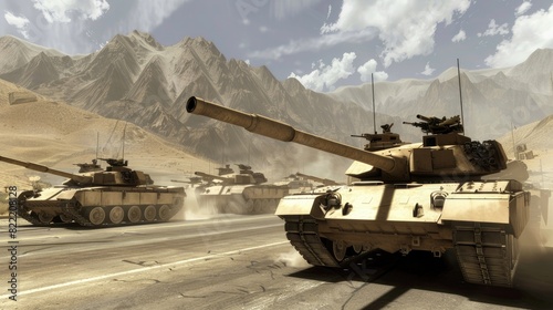 In the heart of conflict, a formidable convoy of tanks, fully armed and prepared, navigates the war-torn terrain.