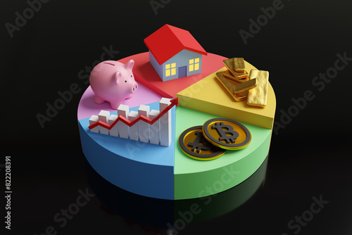 House, gold bars, bitcoins, stock chart and piggy bank on a multi-colored pie chart on reflective black background. Illustration of concept of asset allocation ratio and investment diversification